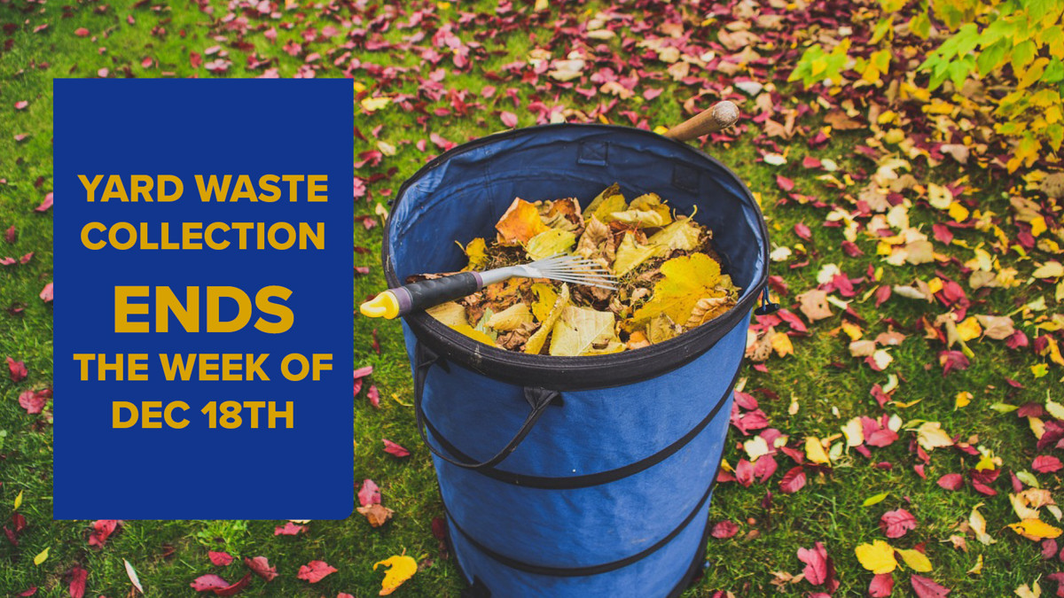 Bag of leaves with a rake in it. "Yard waste collection" to the left. 