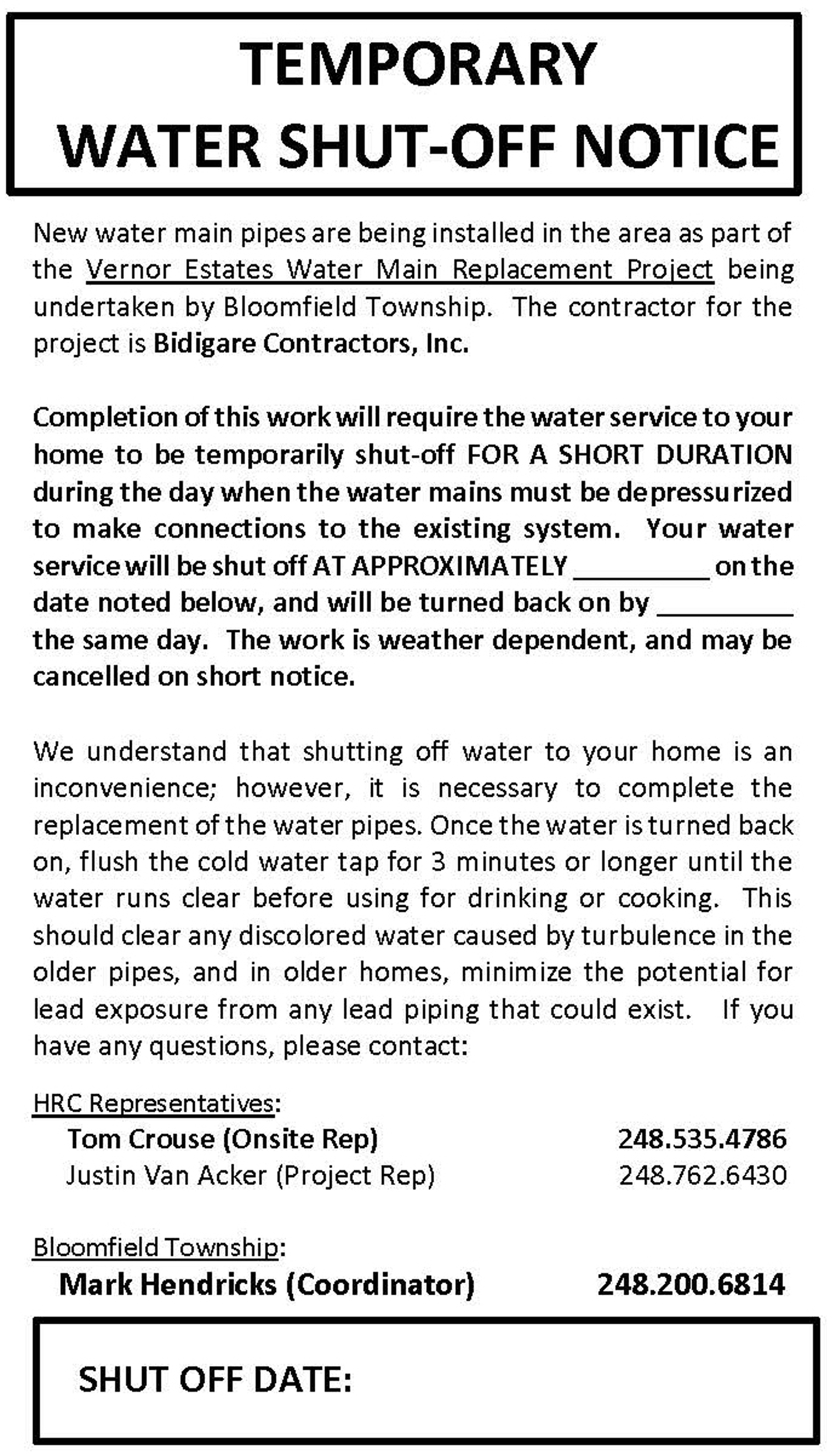 Door Hanger Short Term Temp Water WM Shut Off