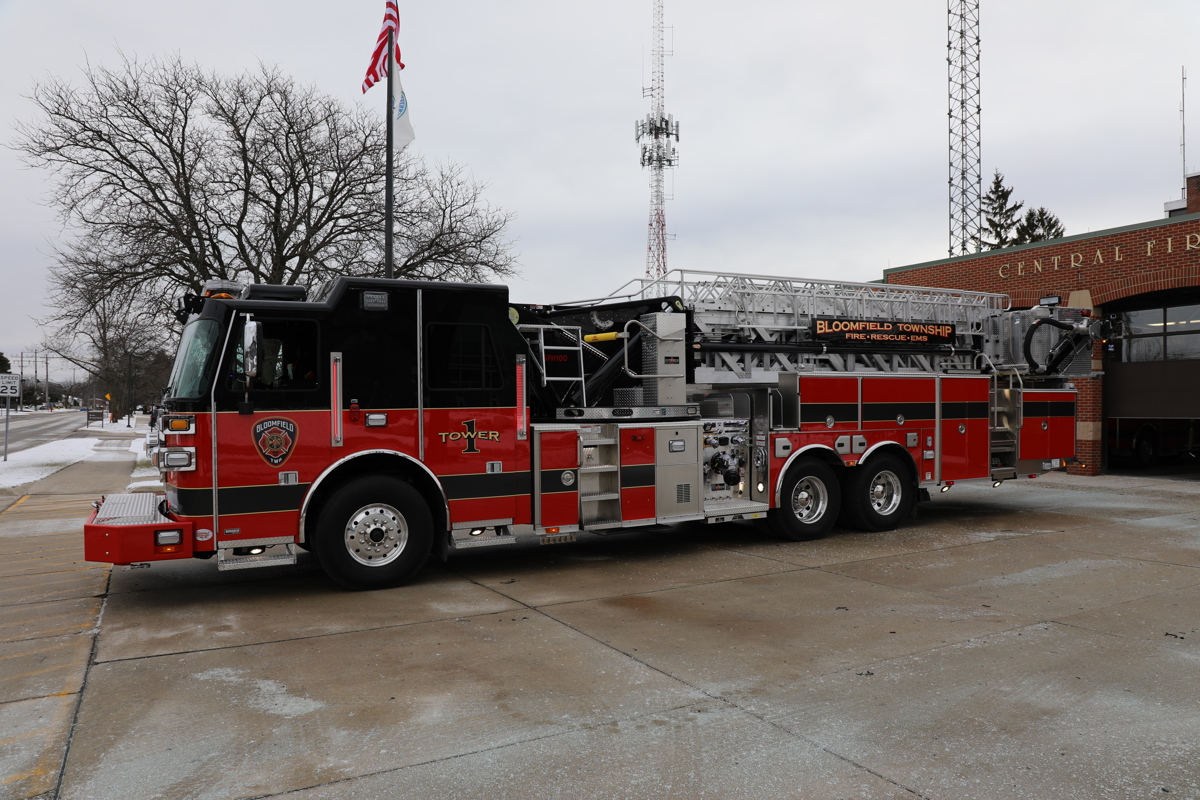 New Bloomfield Township Fire Ladder Truck parked in driveway of Central Fire Station.