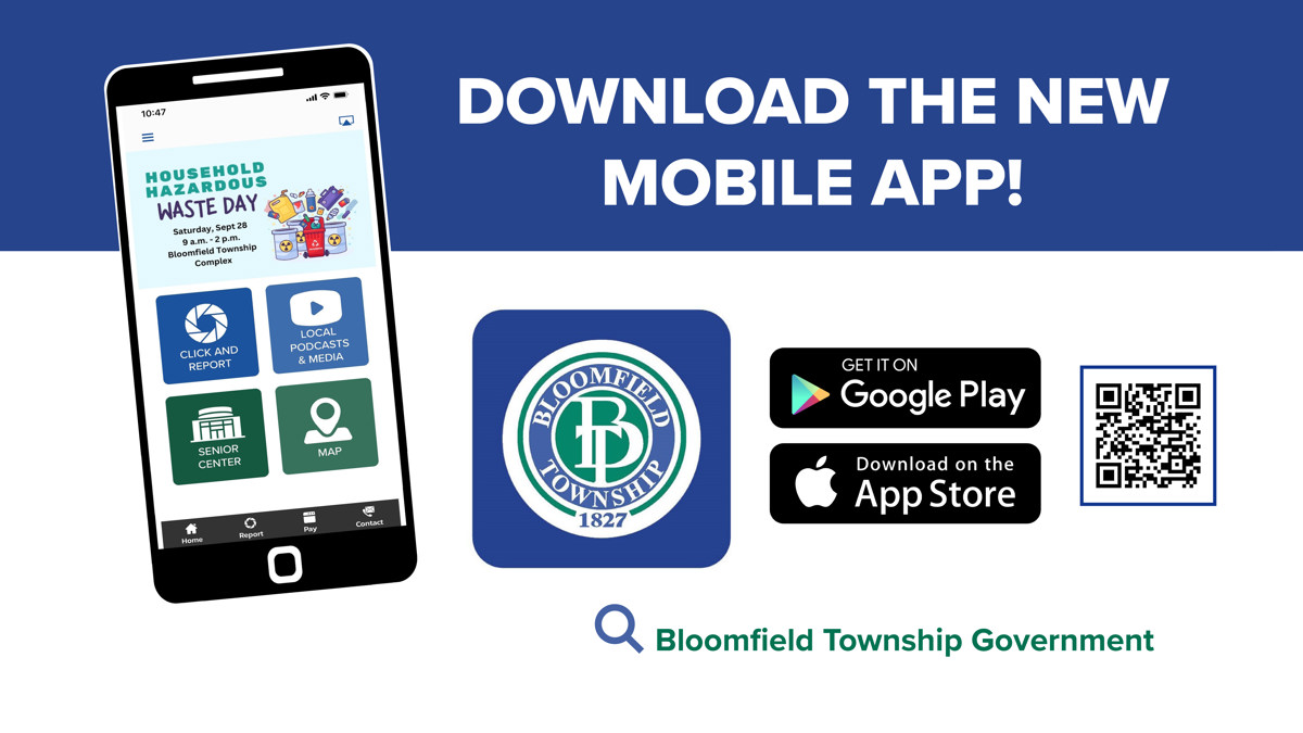 A cartoon phone with the Bloomfield Township app on it. 