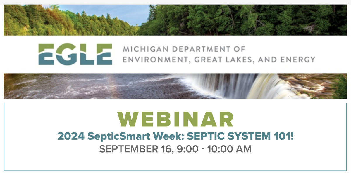A waterfall with trees in the background of the announcement of a SepticSmart webinar. 