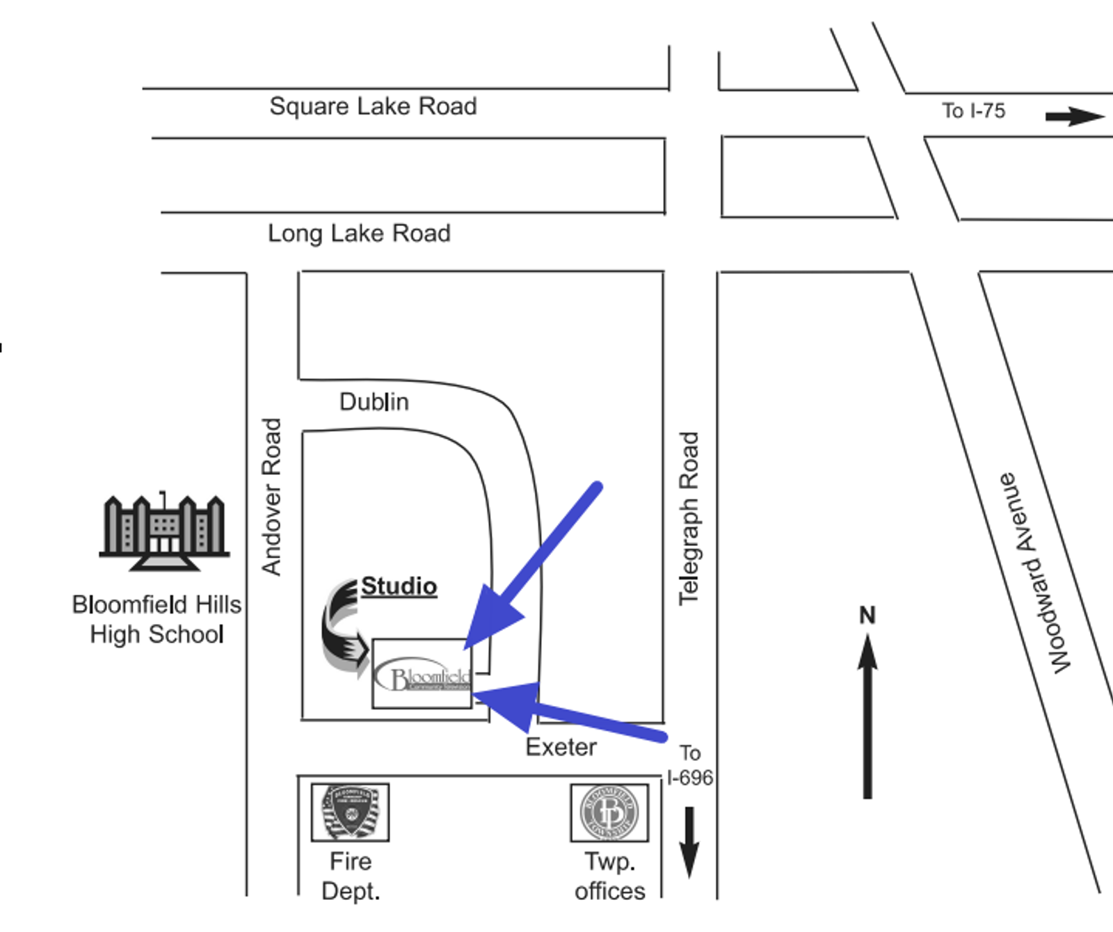 Map to Food Truck Location at Bloomfield Community Television Studio at corner of Exeter and Dublin, west of Telegraph Road, South of Long Lake Road, and East of Andover Road.
