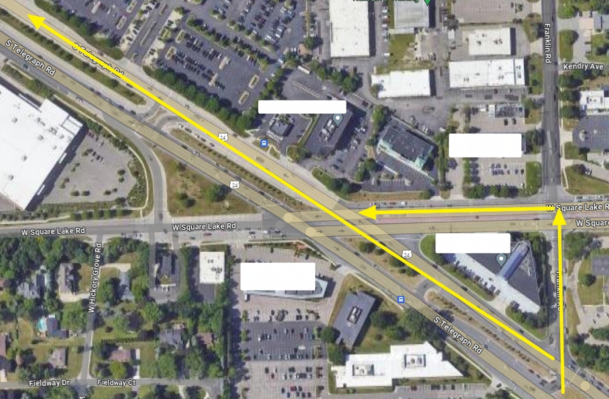 aerial view of Square Lake Road where it intersects with Telegraph Rd. Arrows show flow of traffic going northbound on Telegraph