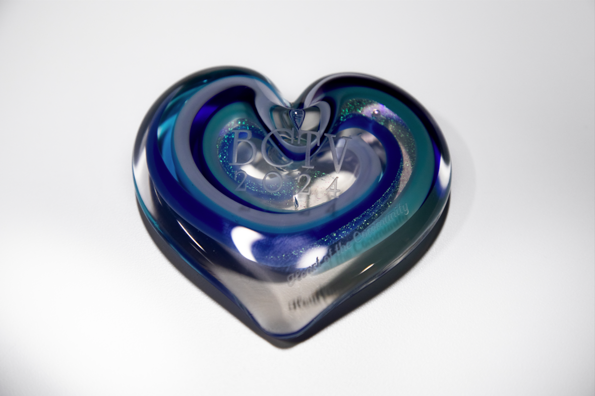 A glass heart with "BCTV 2024" on it. 