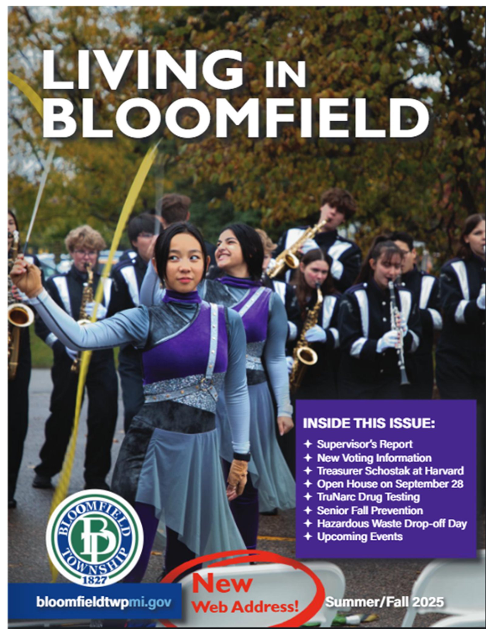 The Summer/Fall 2025 cover of Living in Bloomfield magazine with a photo of a marching band performing.