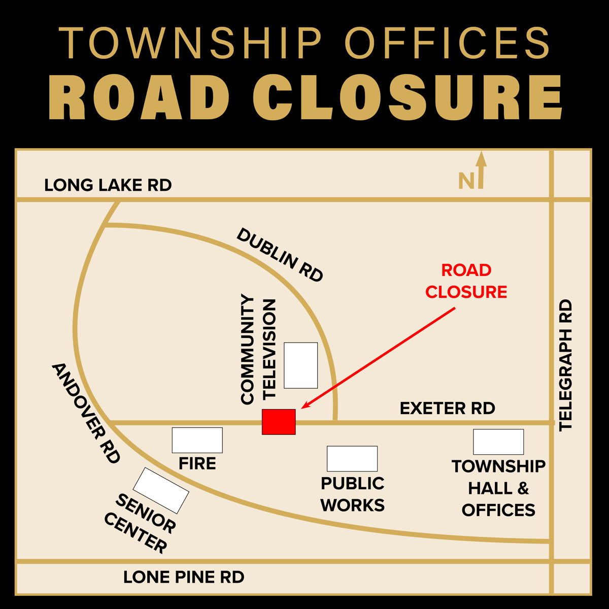 Red box on a map to show the closure of a part of Exeter Road. 