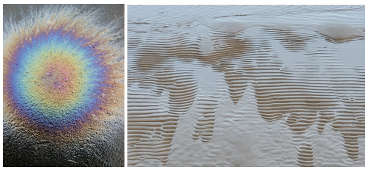 An artistic oil spill and sand with lines for the winners of a photo contest. 