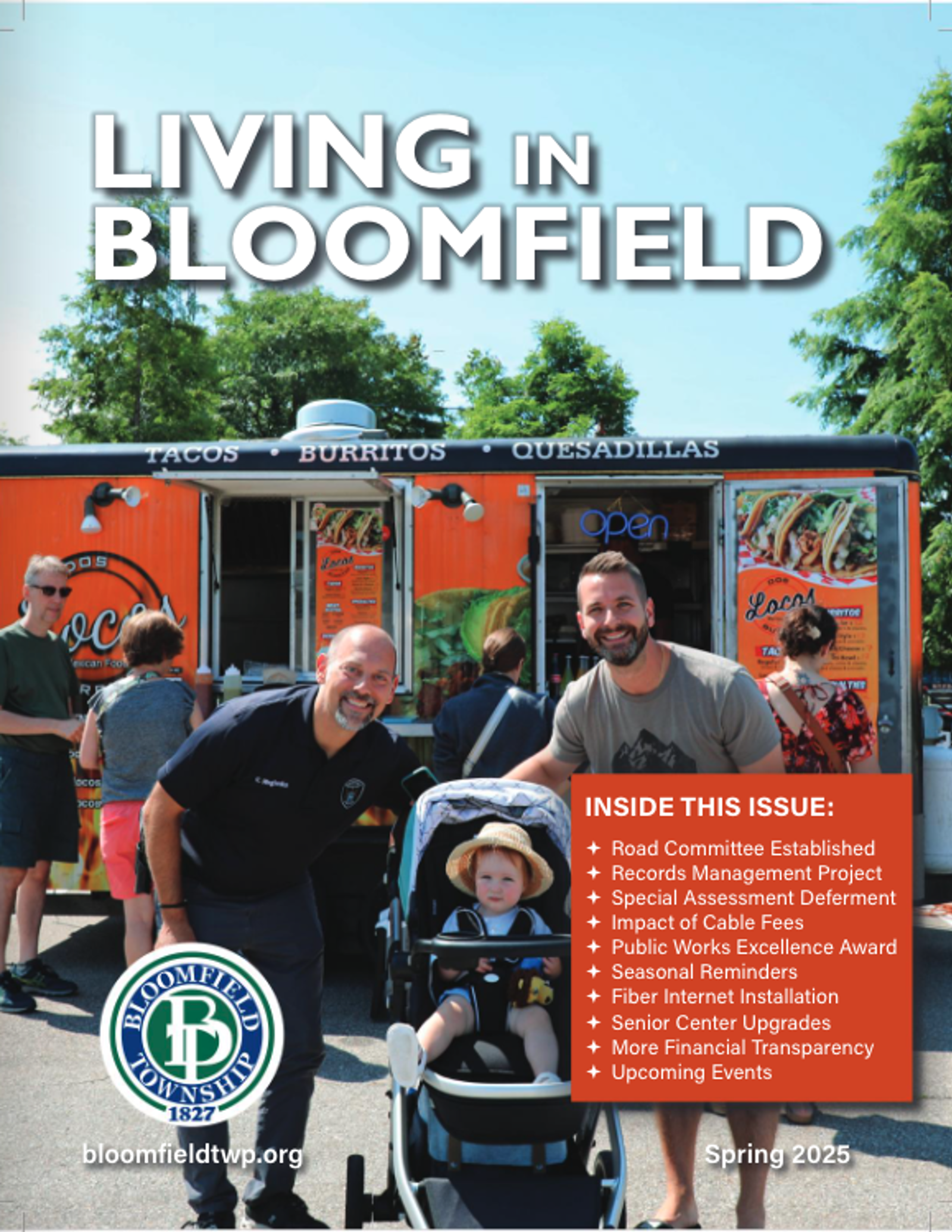 The spring 2025 edition of Living in Bloomfield with people standing in front of a food truck.
