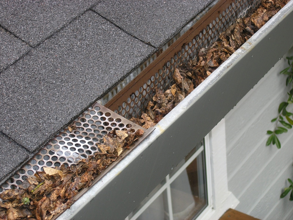 A gutter on a house filled with leaves. 