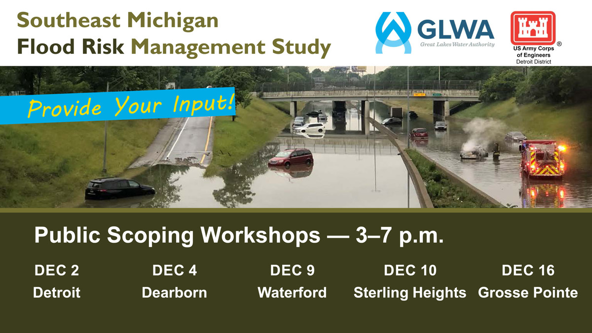 A flood on a freeway advertising Public Scoping Workshops in December. 