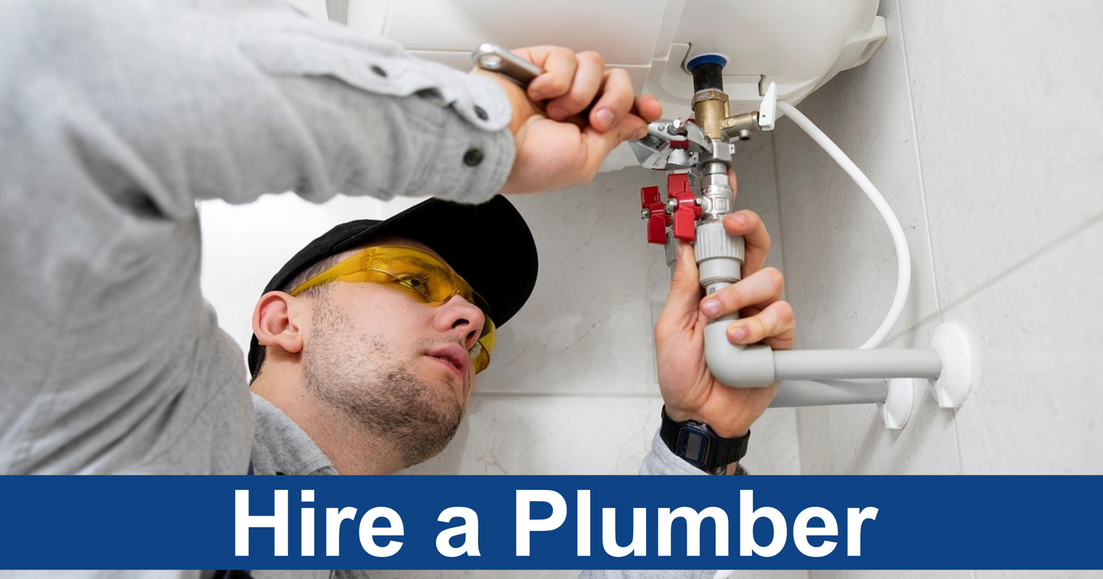 A man fixing a pipe with the words "hire a plumber" underneath him.