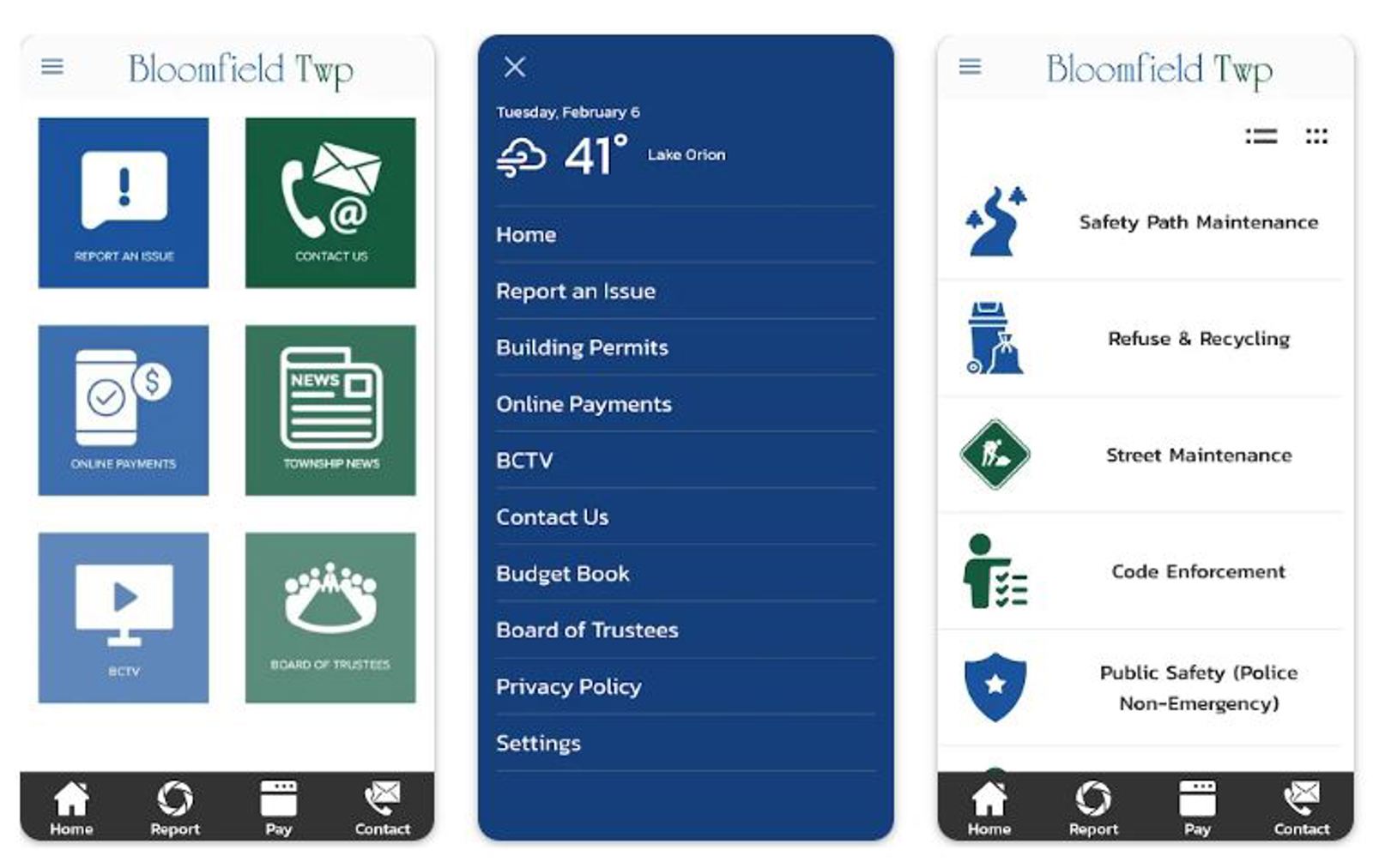 3 phone screen images of various menus