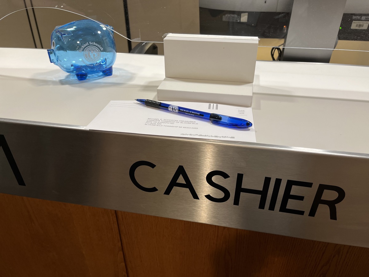 Picture of the cashier's desk at Township Hall. 