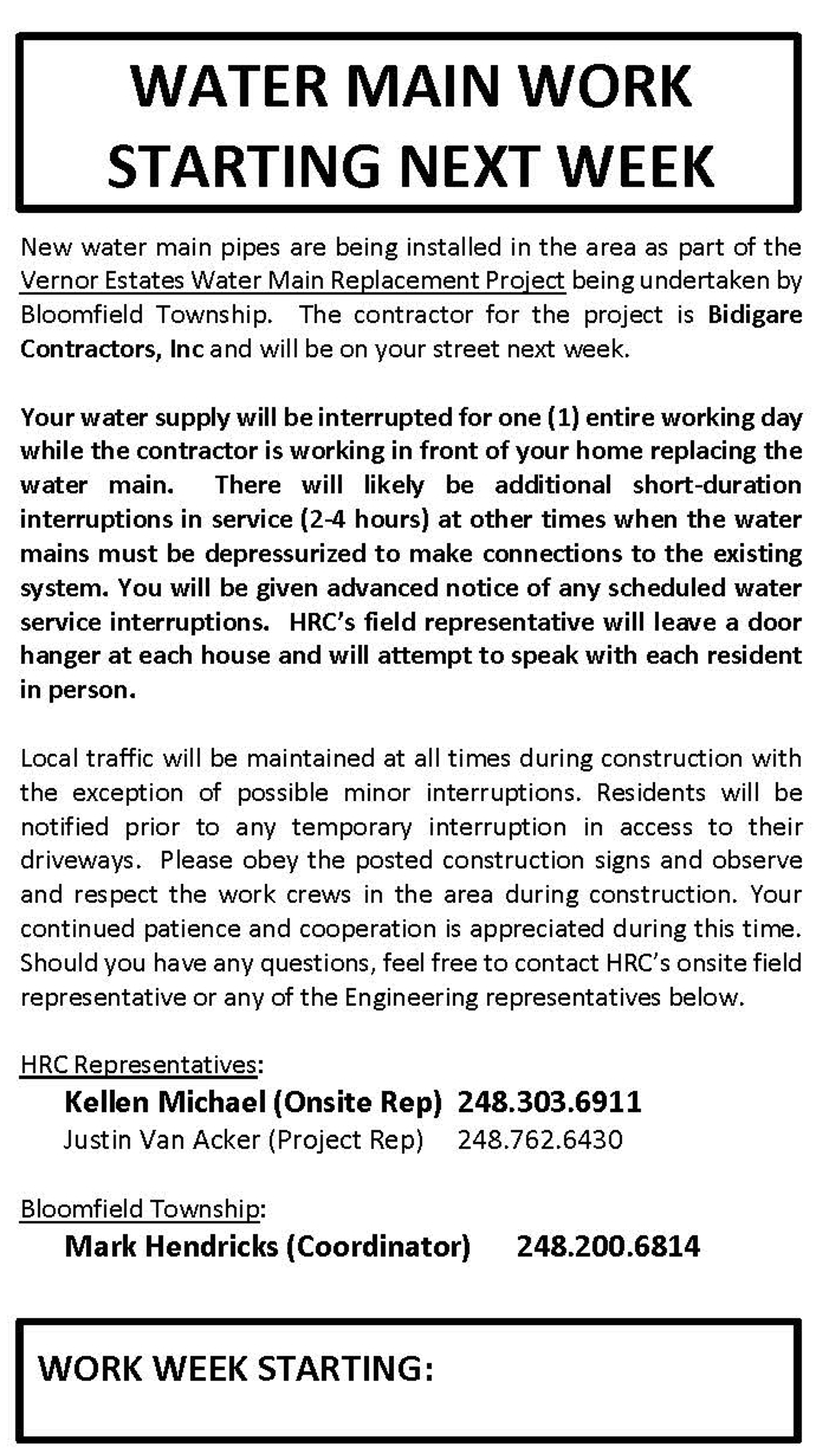 Example of door hanger notice for water shut off occurring next week, issued by Bloomfield Township