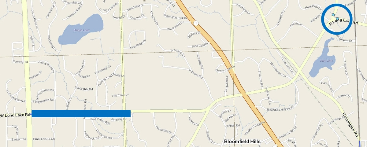 map of part of Township showing a blue line highlighting Long Lake Road