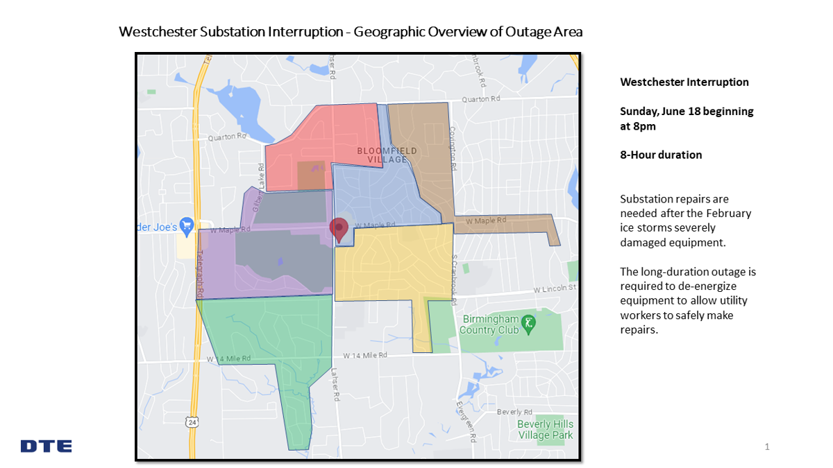 Map of where in Westchester there is going to be an outage for repairs. 