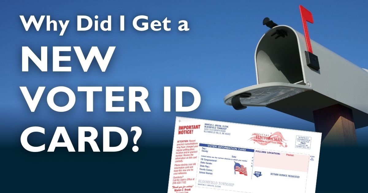 A Mailbox with an Official Election postcard from Clerk Martin Brook-Important Notice. Headline reads Why did I get a new voter ID card?
