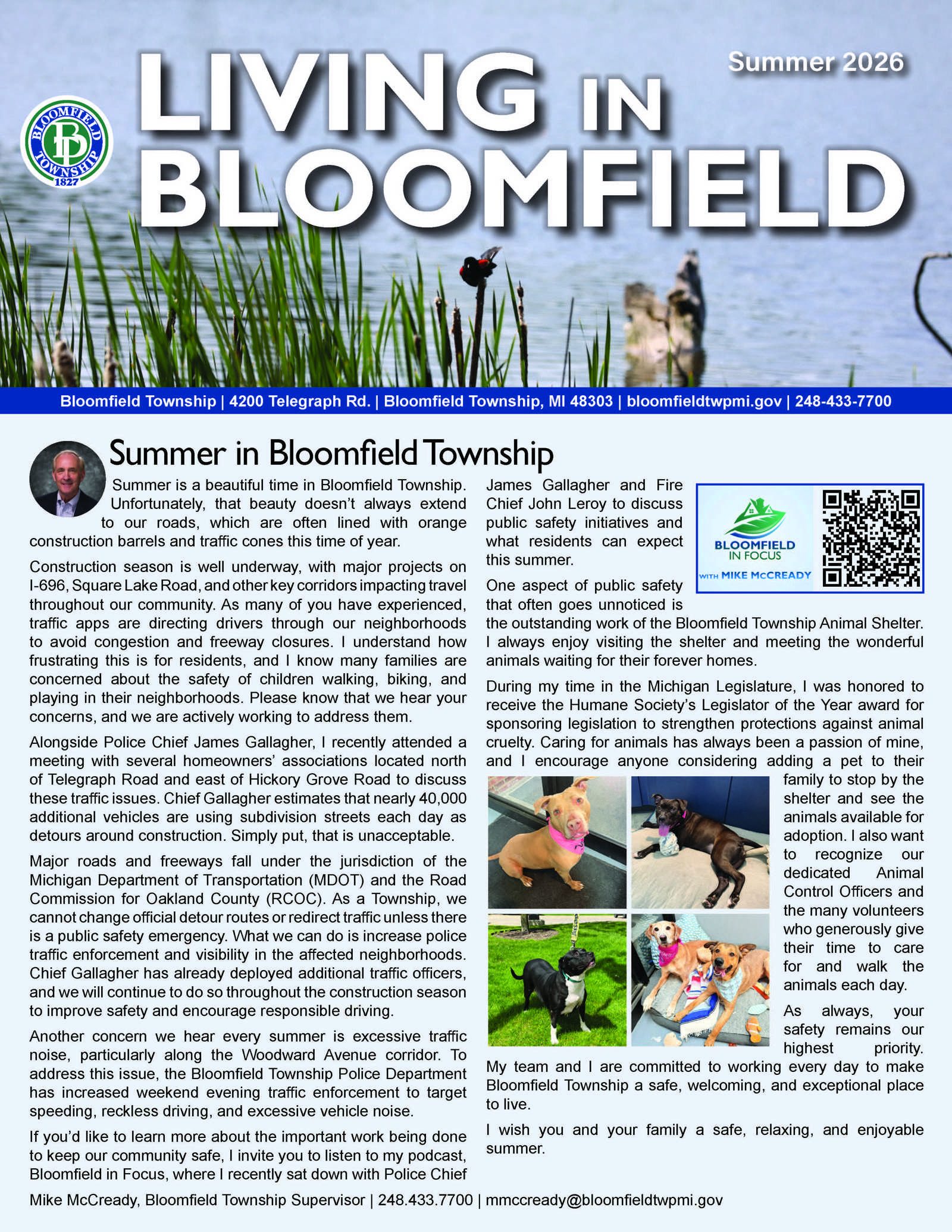 Cover of the Summer 2026 edition of Living in Bloomfield newsletter featuring a waterfront scene and an article by the Township Supervisor.
