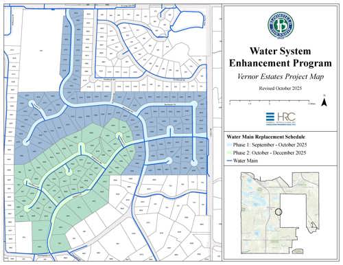 Water System Enhancement Program Map for Vernor Estates depicting Phase 1 area work scheduled for September to November 2025 and Phase 2 area work to take place November to December 2025