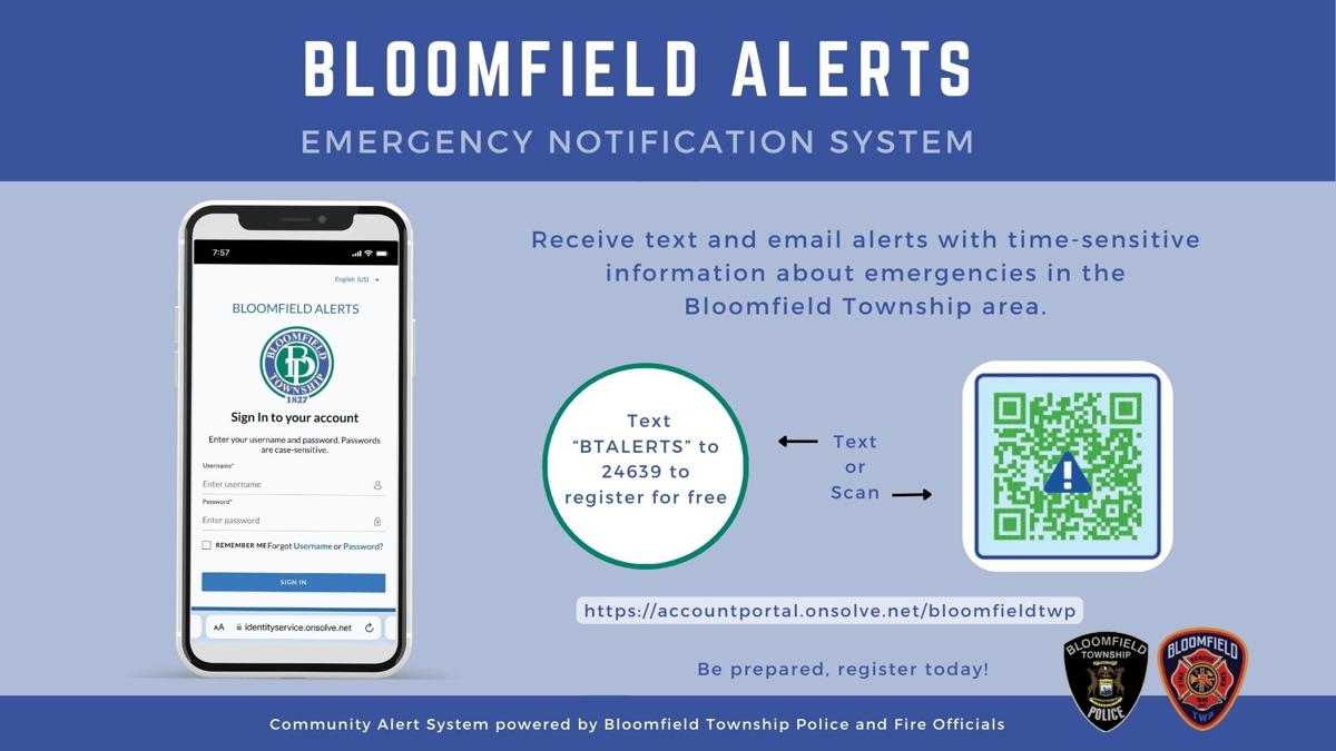 Phone and QR code labeling the Bloomfield alerts emergency notification system. 