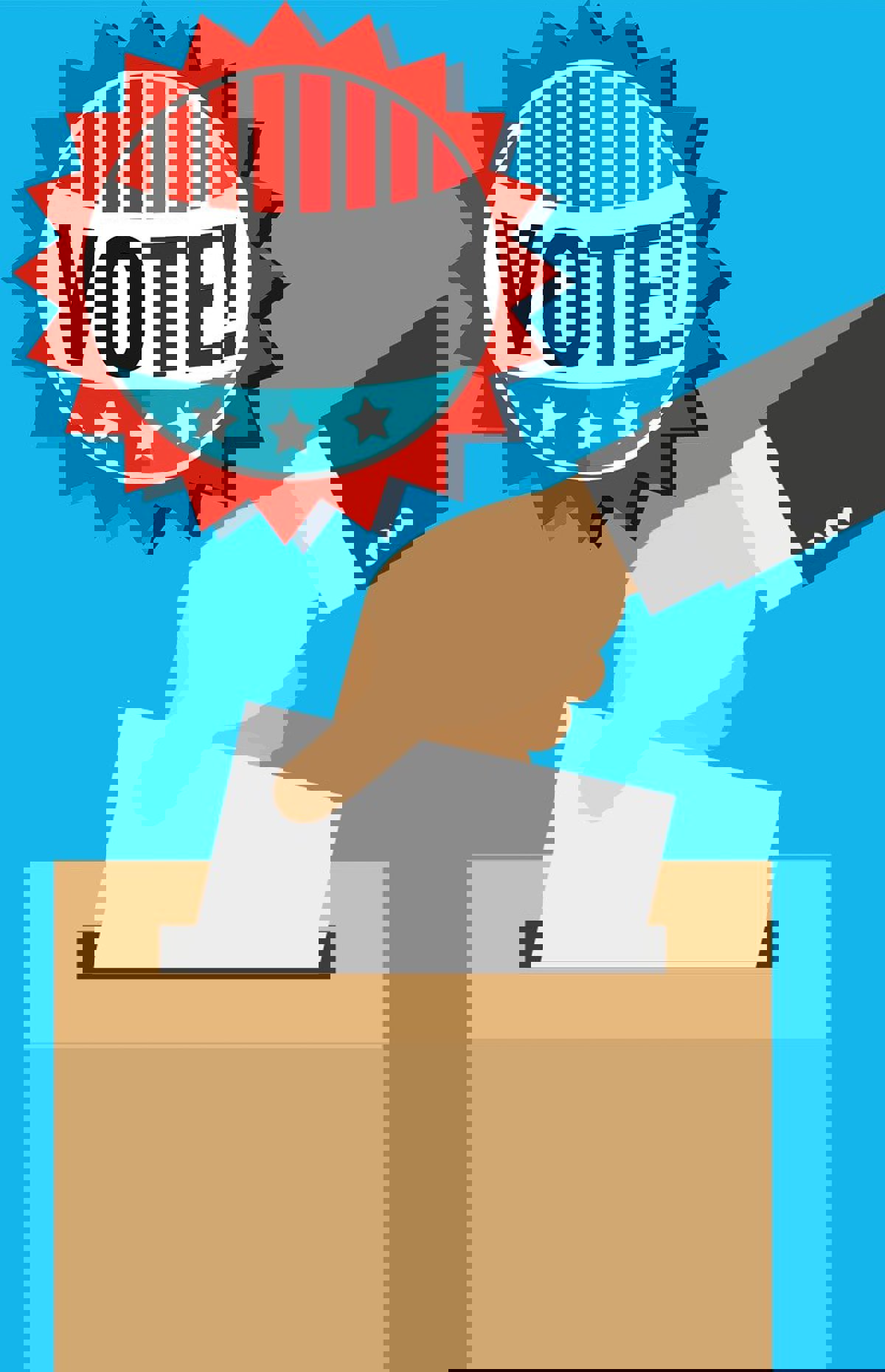 Cartoon hand sticking a ballot into a ballot box. 