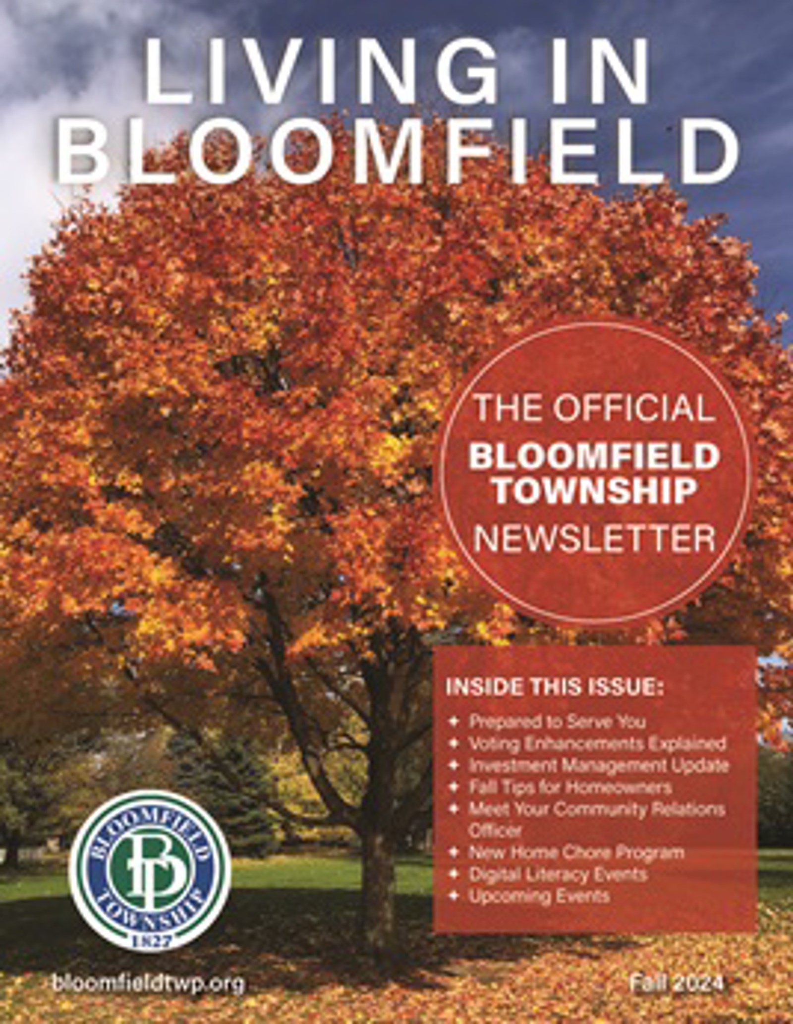 The fall 2024 cover of Living in Bloomfield with a fall-colored tree shedding its leaves.