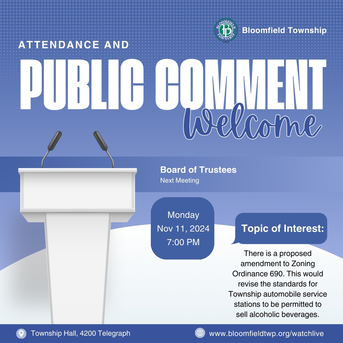 Cartoon podium with microphones announcing that public comment and attendance are welcome at the upcoming board of trustees meeting. 