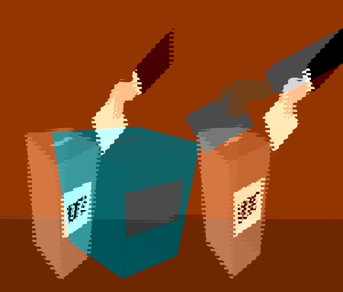 an illustration of a box labeled vote with a hand holding a piece of paper about to drop it in the slot in the box.